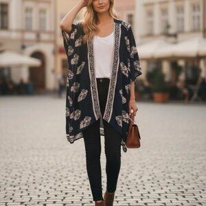 Hipster Row Boho Kimono Cardigan Womens One Size Navy Blue Floral Cover Up Swim